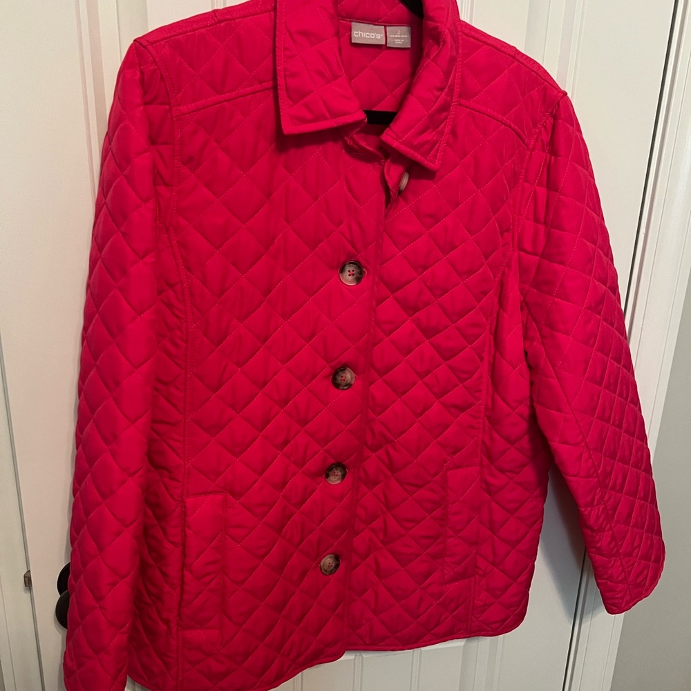 Chico's Quilted Hot Pink Button-Front Puffer Jacket
